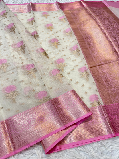 Off white & pink shade cotton premium Banarasi saree