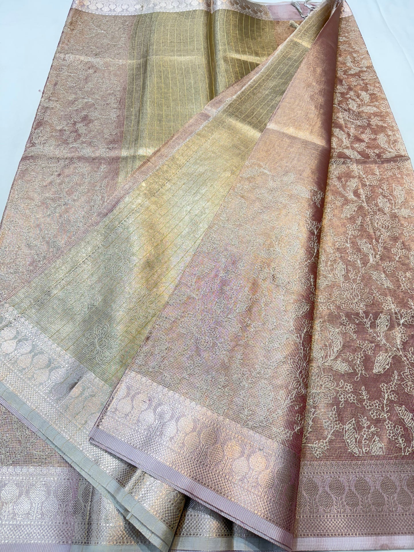 Peach shade tissue kota embroidery primum Banarasi saree