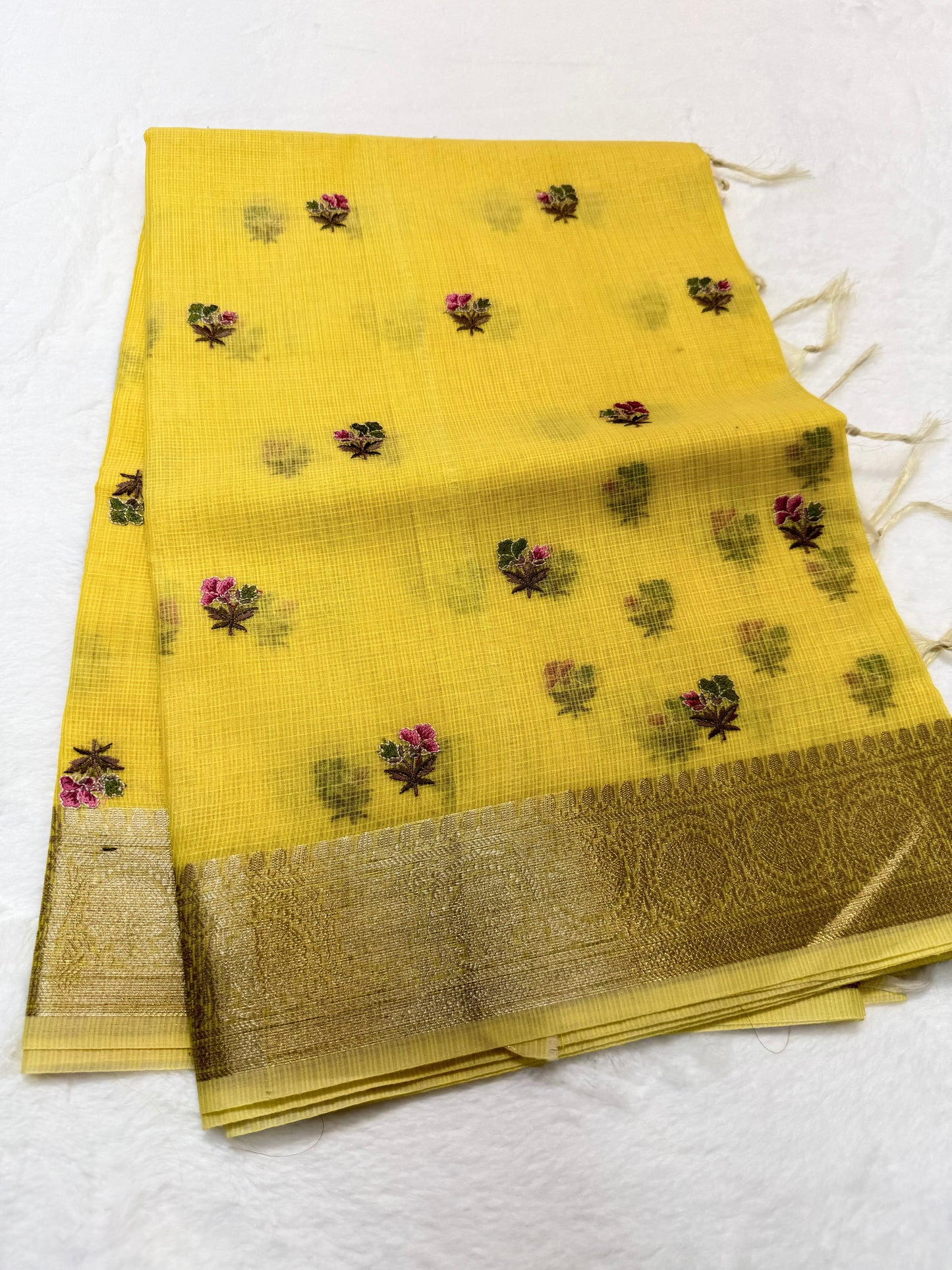Yellow shade cotton kota embroidery Banarasi saree