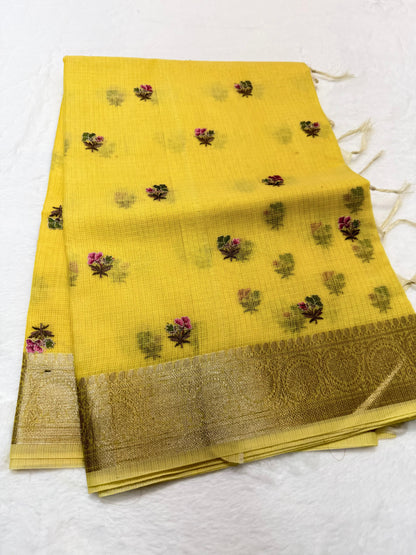 Yellow shade cotton kota embroidery Banarasi saree