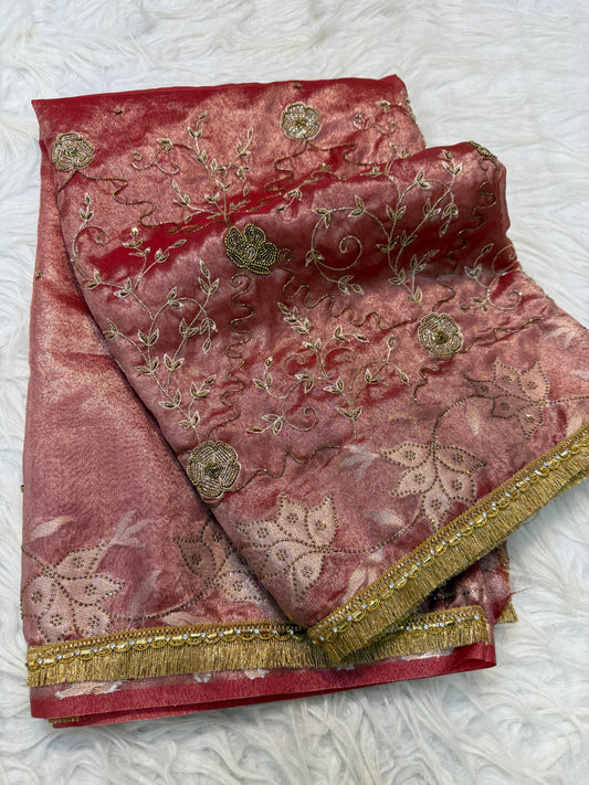 Red shade tissue ari & zardosi work designer premium Banarasi saree