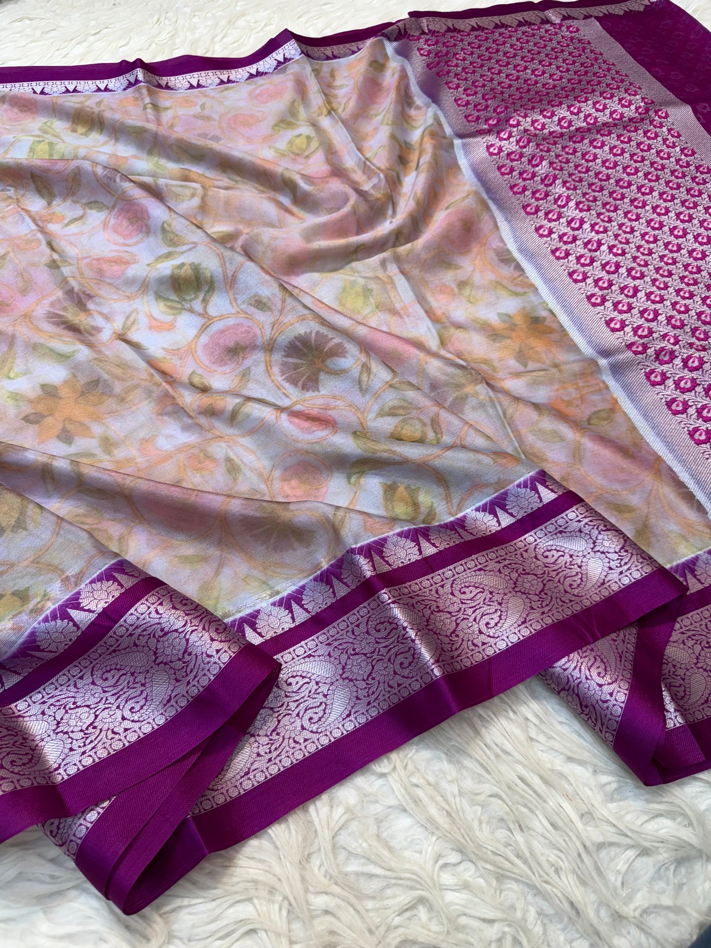 Multi colore warm silk digital print Banarasi saree