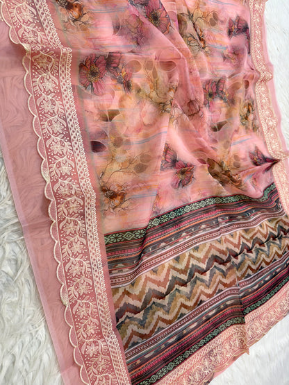 Peach multi shade  kora organza digital print embroidery Banarasi saree