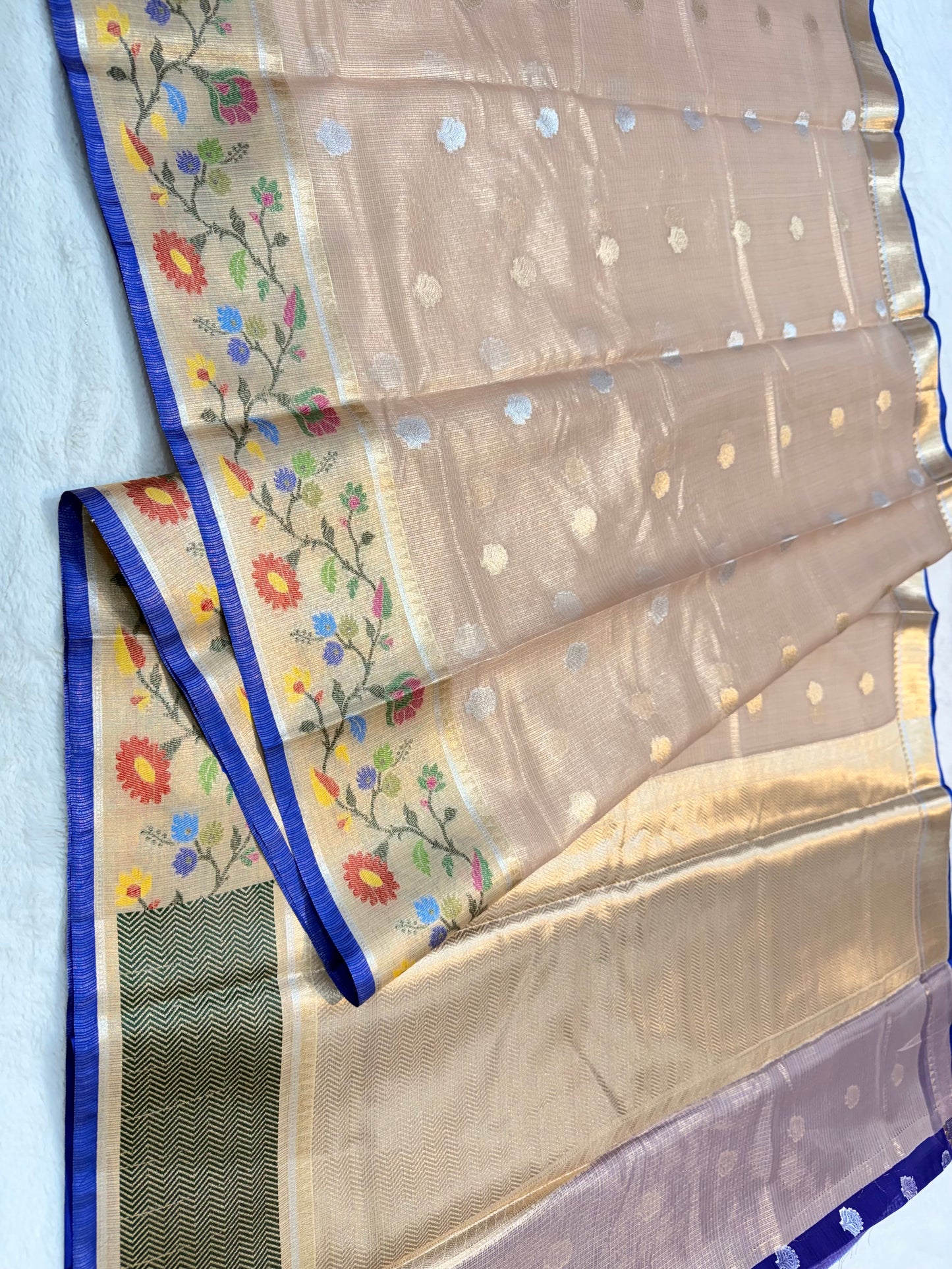 Peach & multicolour shade tissue kota premium paithani border designer banarasi saree