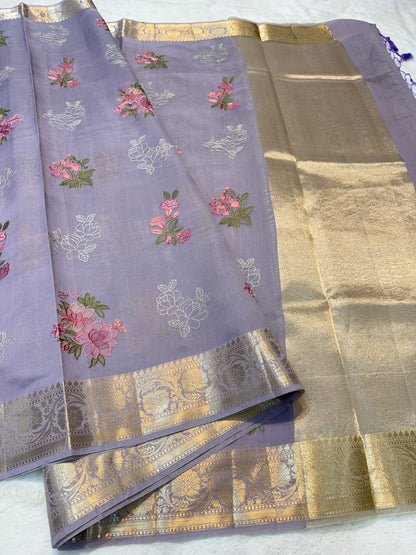 Lavender shade soft silk designer  premium embroidery Banarasi saree