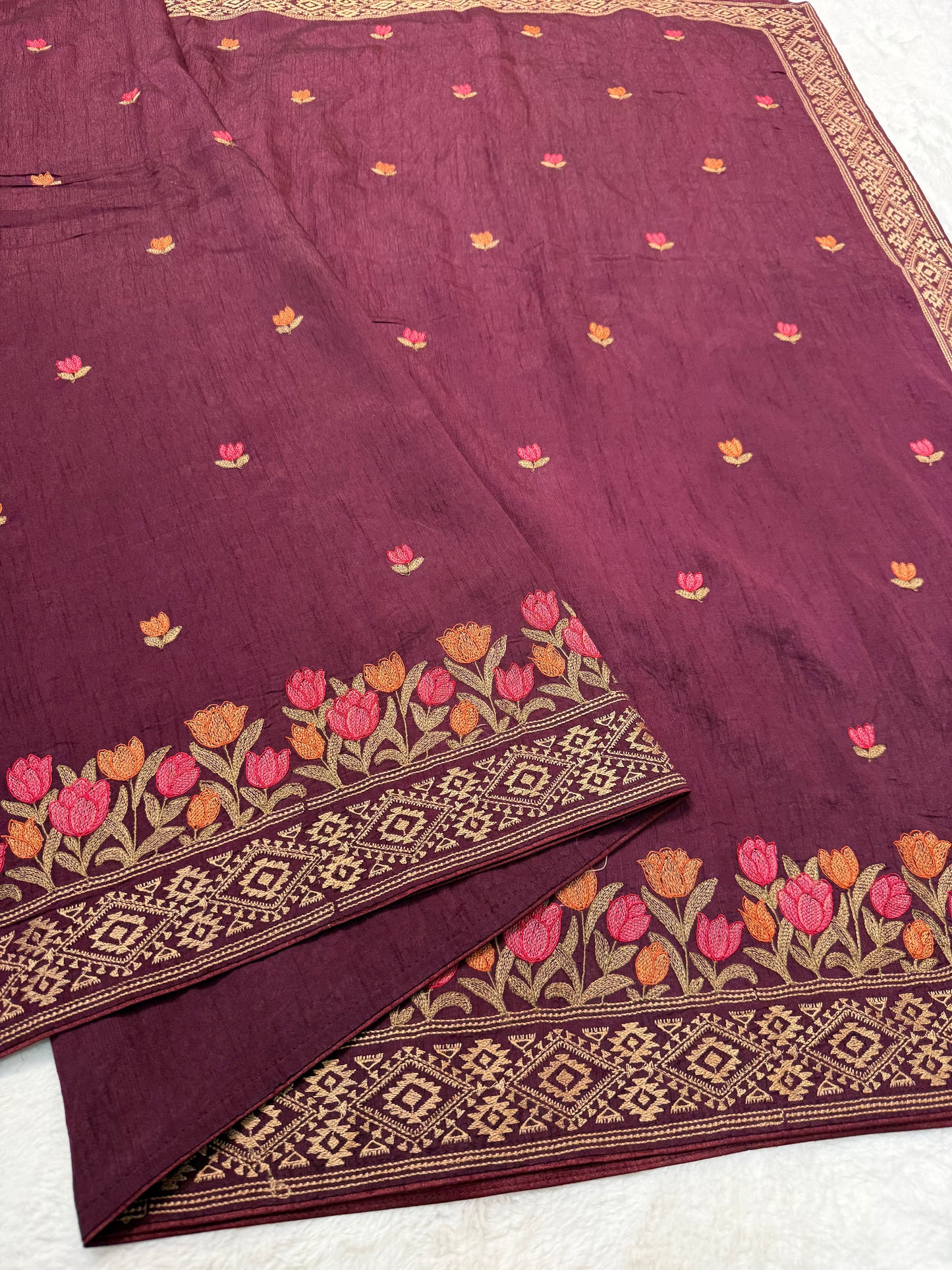 Wine shade viscose embroidery premium designer saree