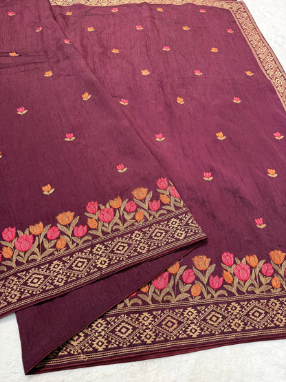 Wine shade viscose embroidery premium designer saree