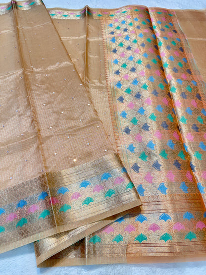 Peach shade tissue kota mirror work premium Banarasi saree