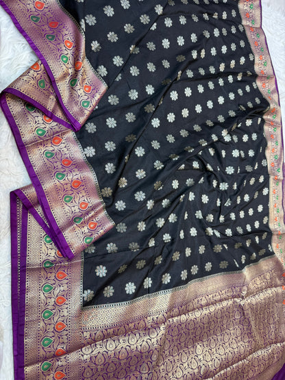 Black & magenta shade  Dupion Silk premium Banarasi Saree