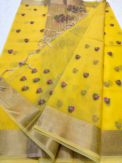Yellow shade cotton kota embroidery Banarasi saree