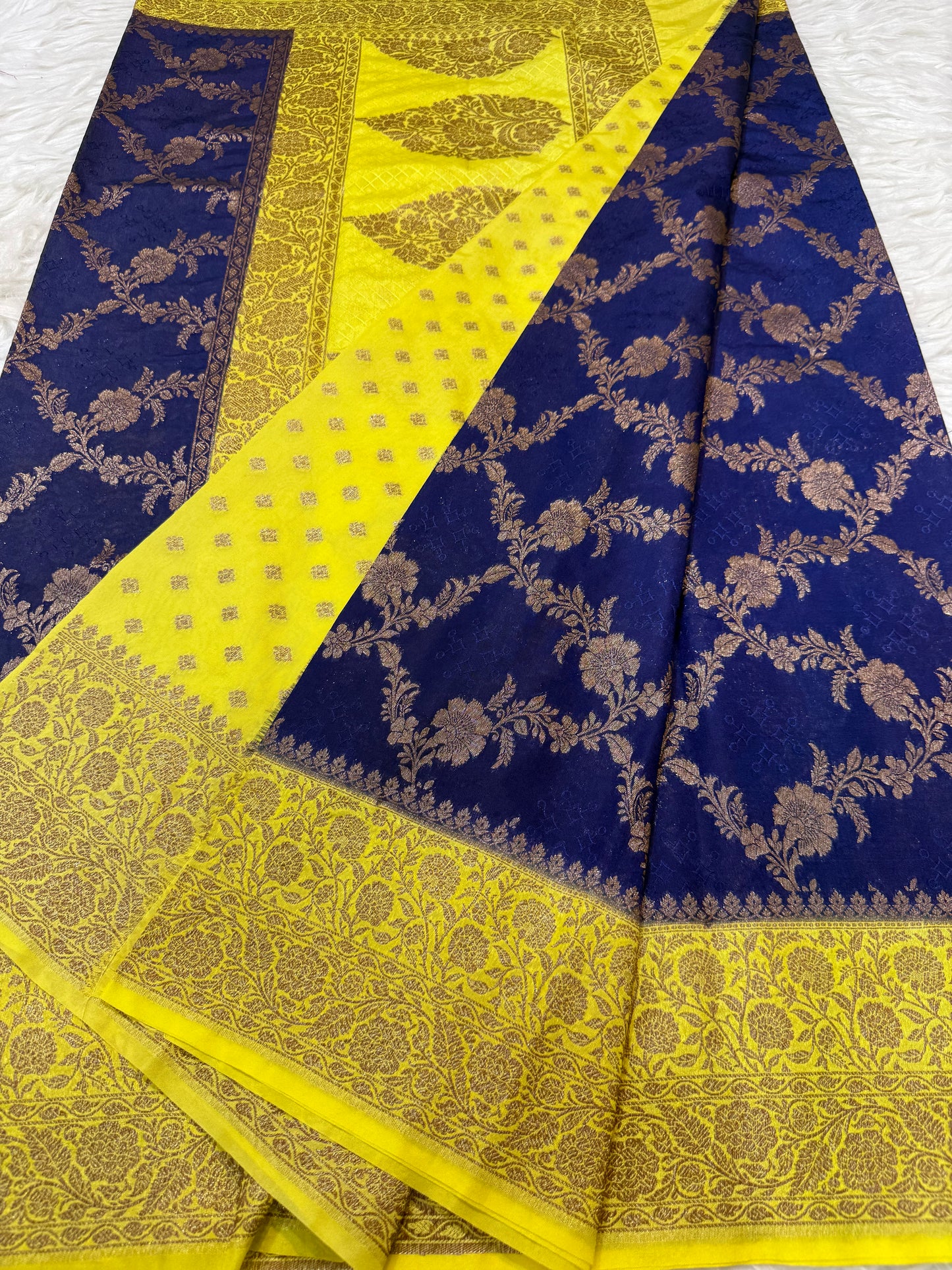 Nevy yellow shade Dupion Silk premium Banarasi Saree