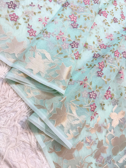 Turquoise shade kora organza embroidery saree