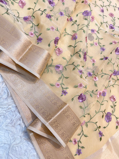 Beige shade organza embroidery Banarasi saree