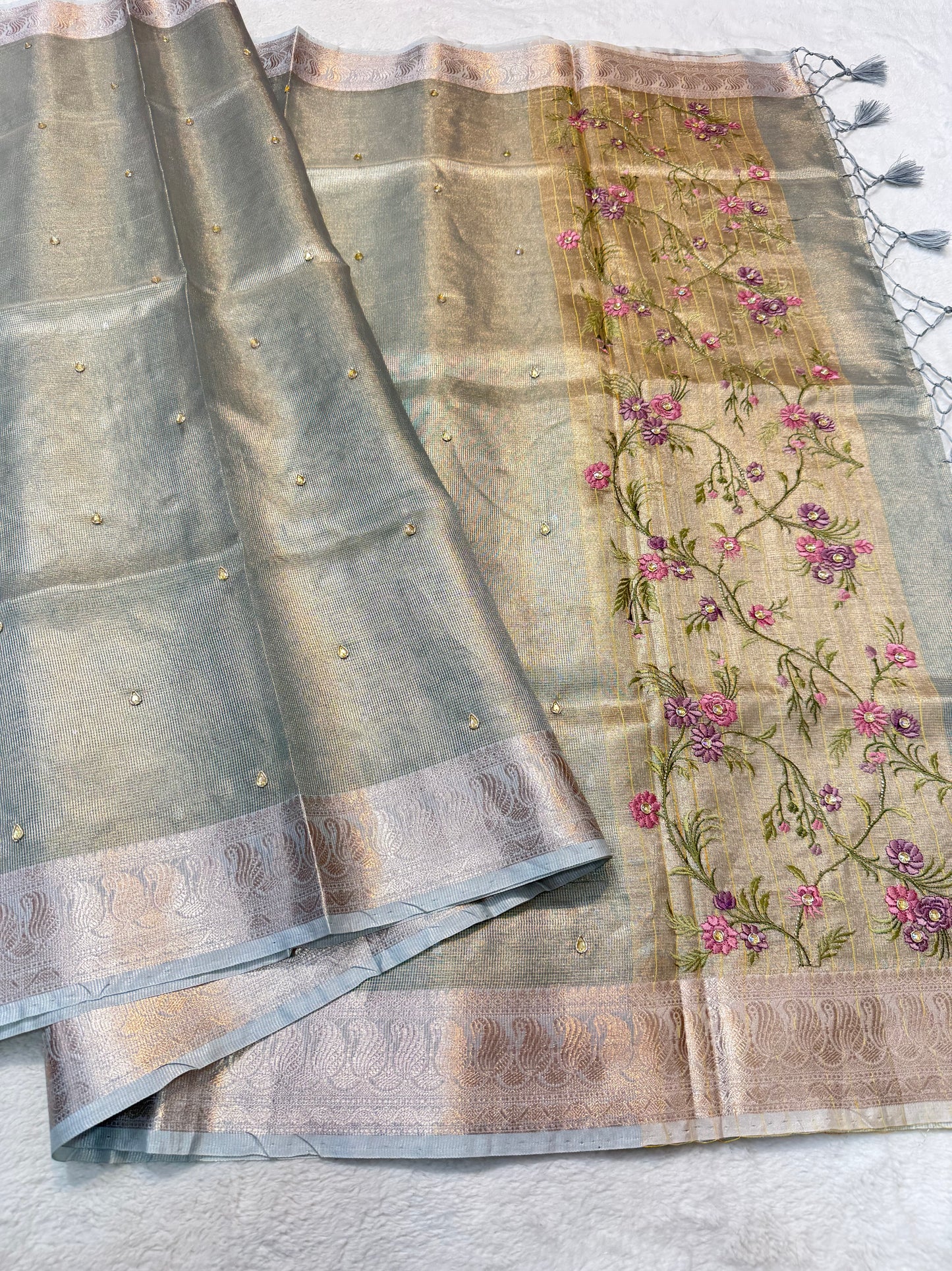 Light slate blue shade kota tissue kota designer embroidery handwork premium Banarasi saree