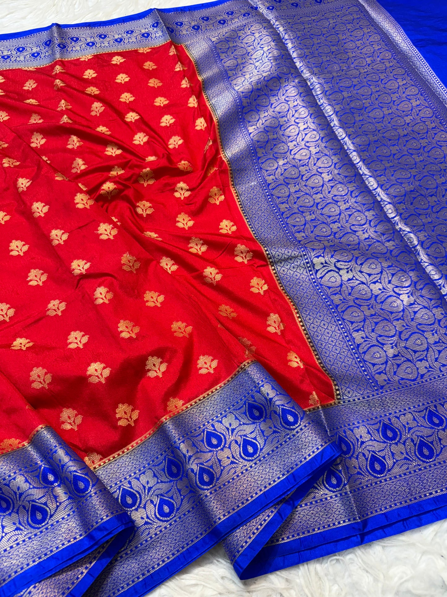 Red royal blue shade Dupion Silk premium Banarasi Saree
