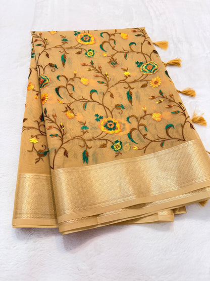 Beige shade organza designer premium embroidery Banarasi saree