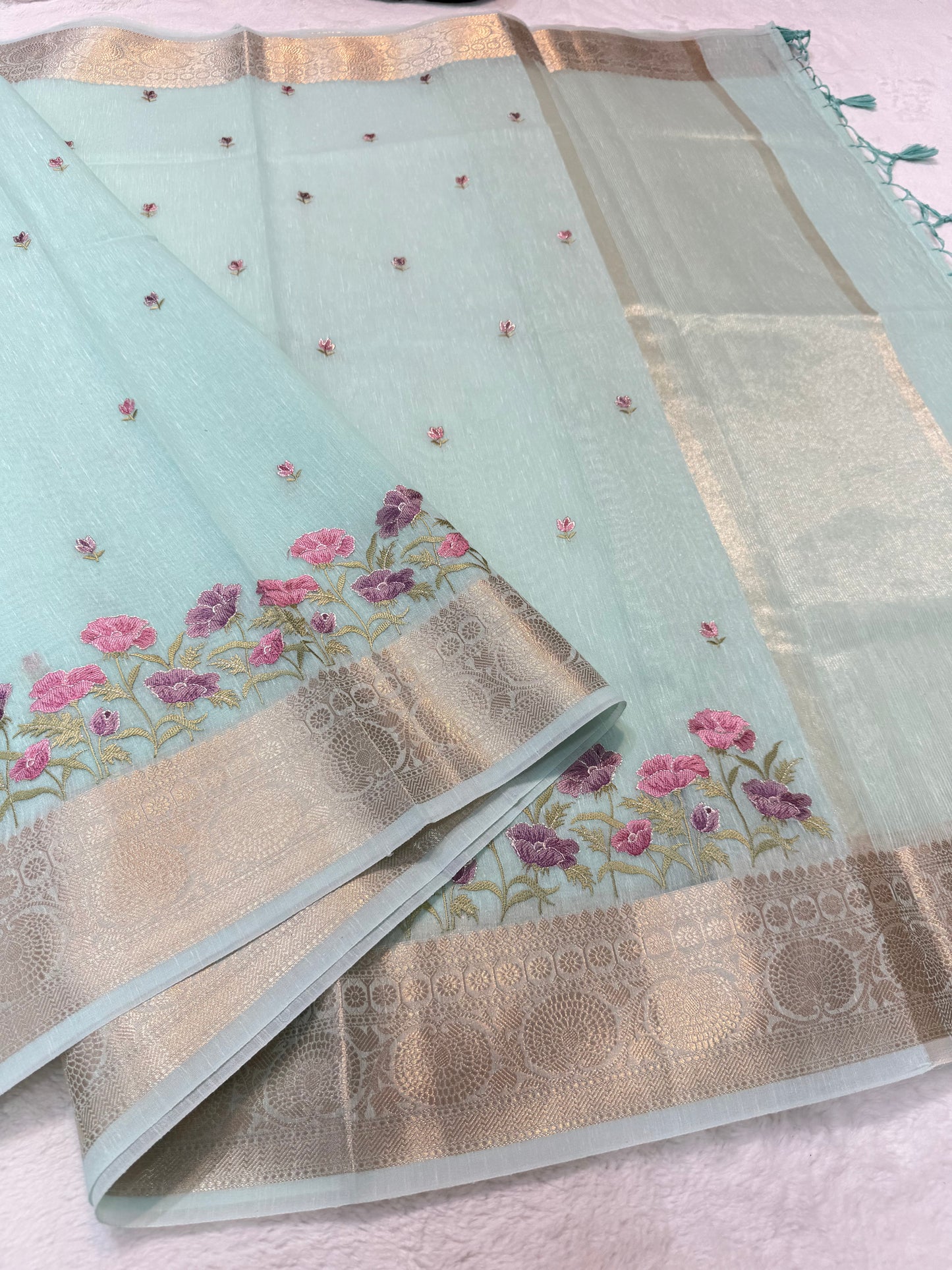 Turquoise shade linen embroidery Banarasi saree