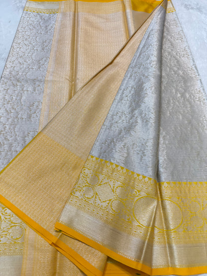 Silver yellow shade Kanchi silk premium Banarasi saree