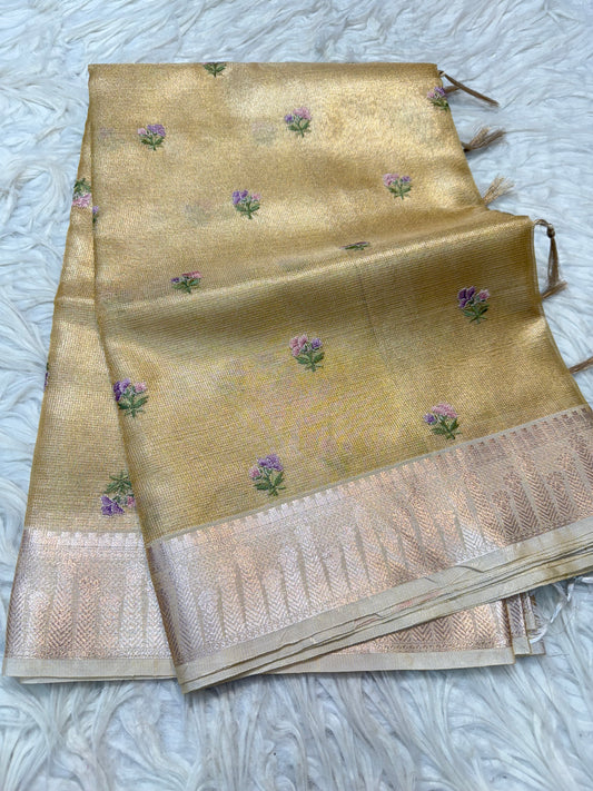 Gold shade tissue kota embroidery primum Banarasi saree