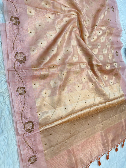Peach shade tissue kota handwork premium Banarasi saree