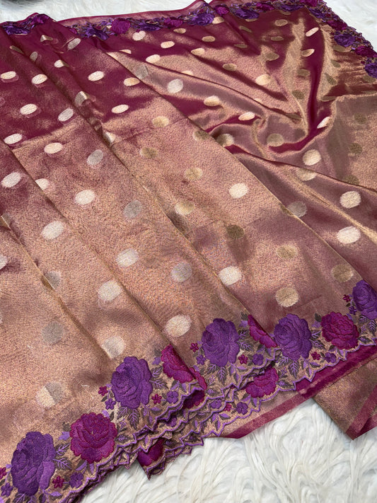 Wine shade tissue cutwork embroidery premium designer Banarasi saree