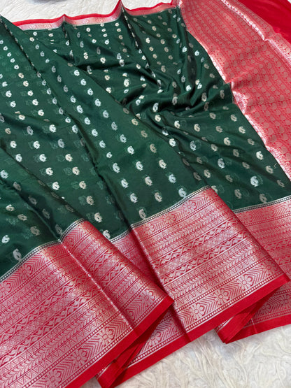 Bottle green red warm silk premium Banarasi saree