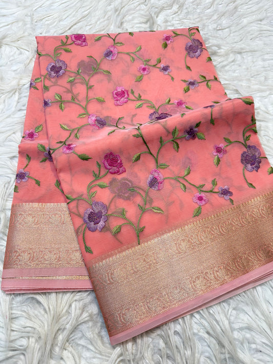Peach shade organza embroidery Banarasi saree