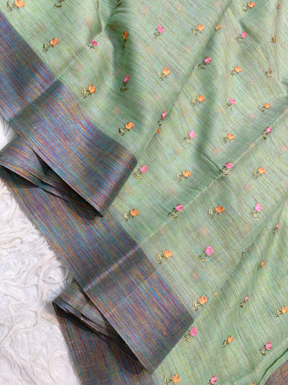 Pista green shade linen  embroidery Banarasi saree