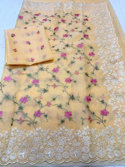 Yellow shade organza designer cutwork premium embroidery Banarasi saree