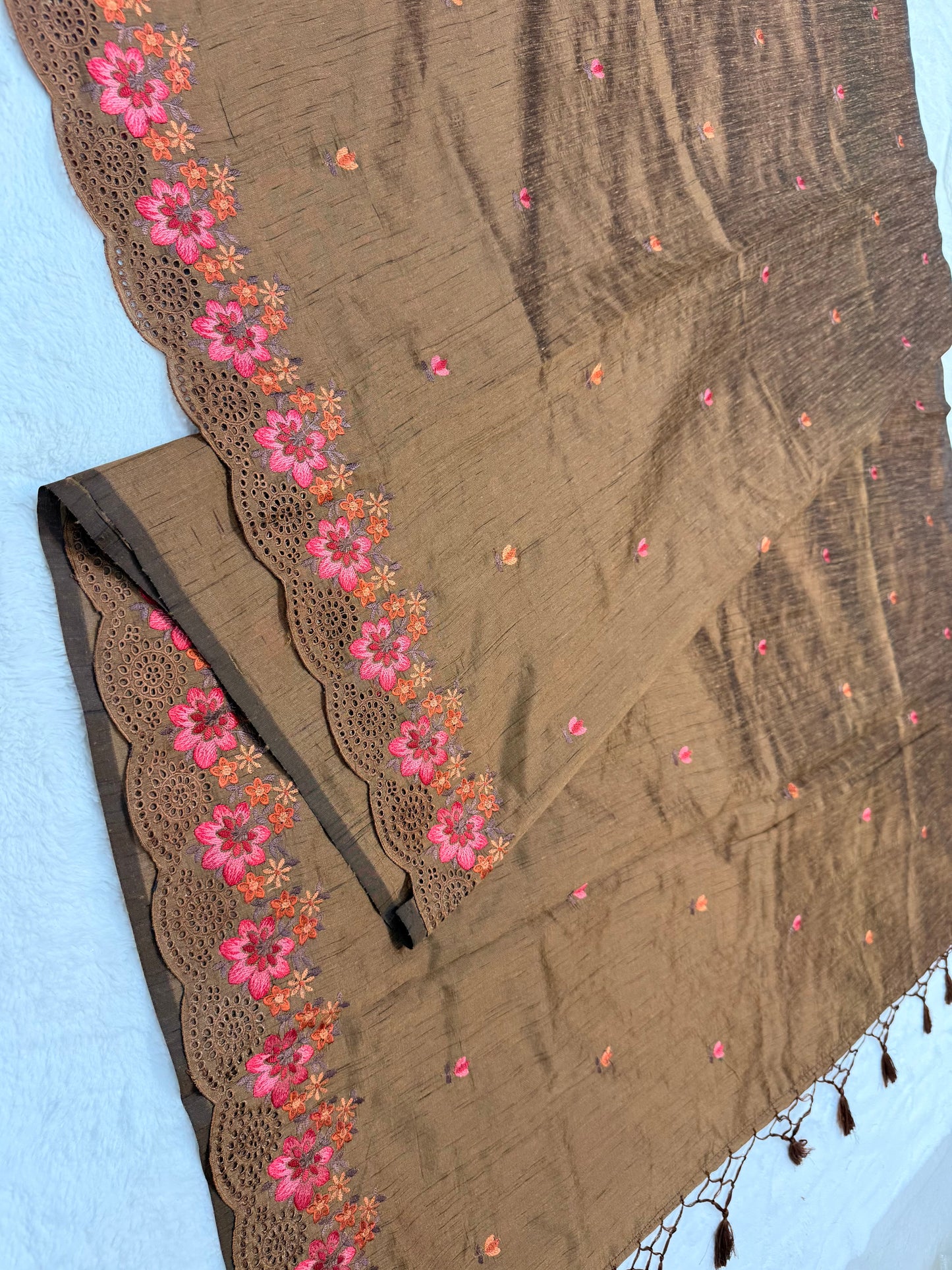 Bronze shade premium tussee designer embroidery Banarasi saree