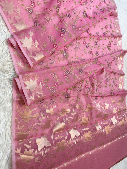 Peach shade kora organza embroidery banarasi saree