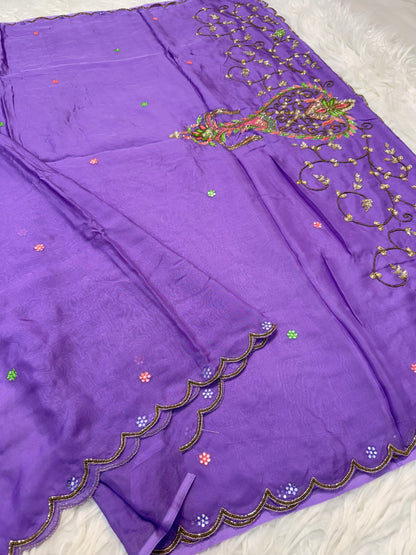 Viscose organza silk handwork fancy partywear saree