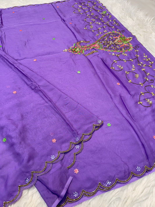 Purple shade Viscose organza silk ari & zardosi work partywear saree