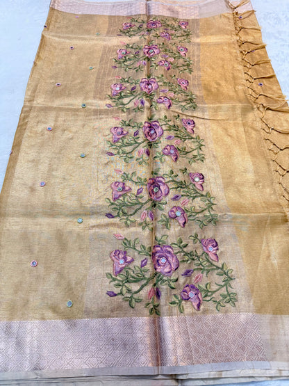 Gold kota tissue kota designer embroidery handwork premium Banarasi saree