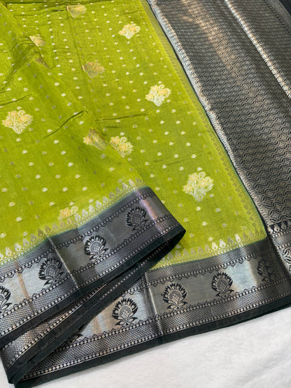 Pista green & bottle green shade raw mango Banarasi premium Banarasi saree