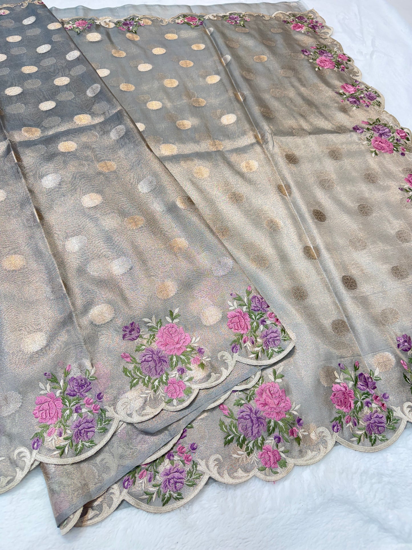 Gray shade tissue cutwork embroidery premium designer Banarasi saree