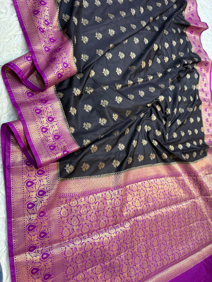 Black magenta shade Dupion Silk premium Banarasi Saree