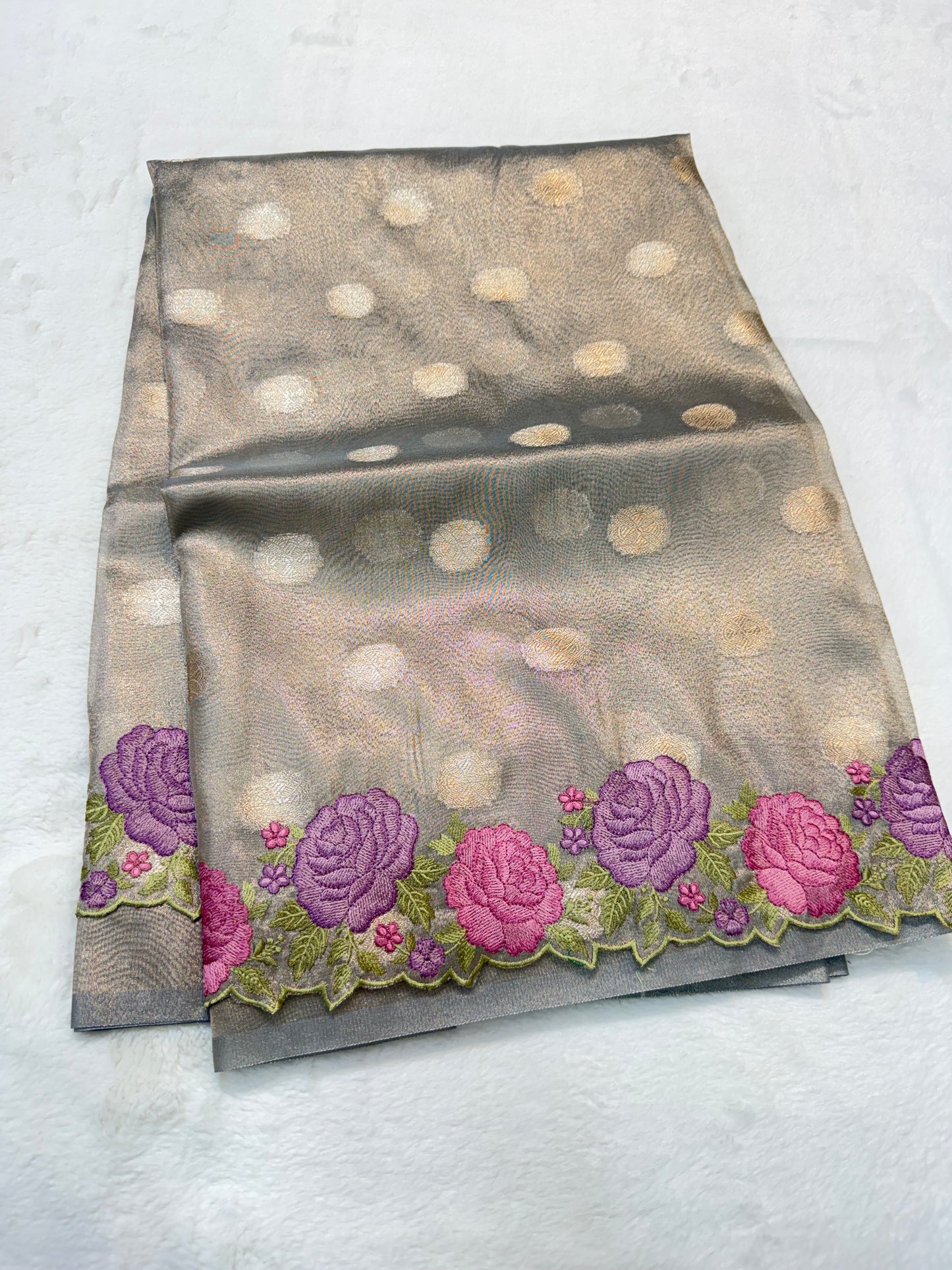 Grey shade tissue cutwork embroidery premium designer Banarasi saree