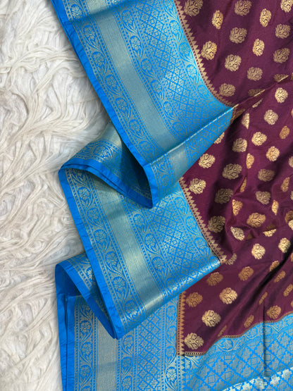 Maroon & powder blue shade Dupion Silk Banarasi Saree 