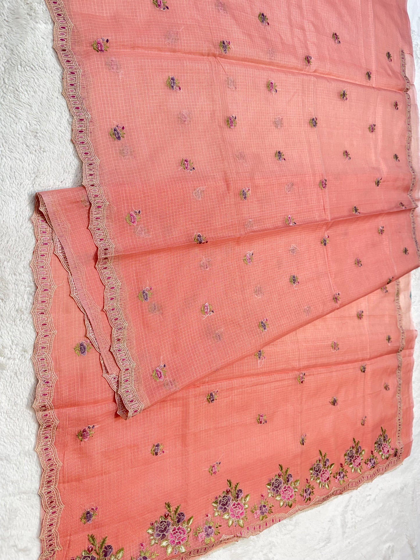Peach shade cotton kota designer embroidery premium Banarasi saree