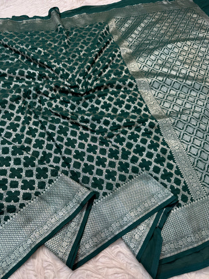 Bottle green  shade khaddi georgatte premium Banarasi saree