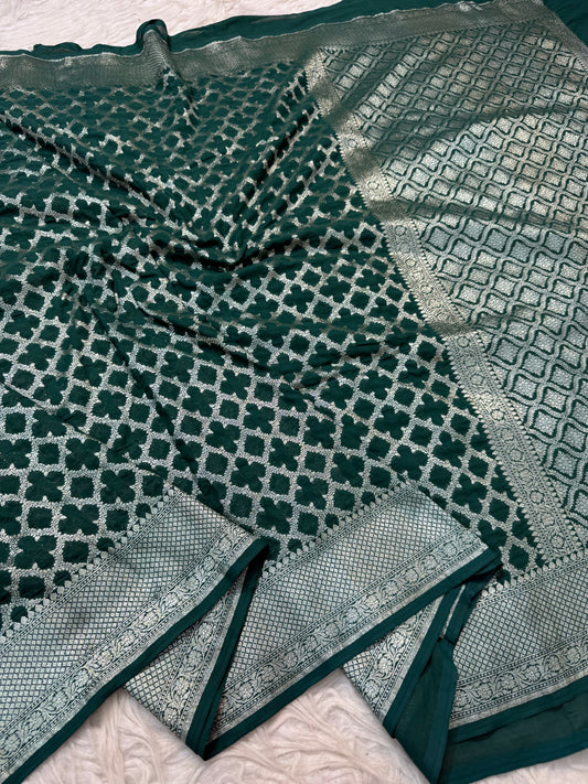 Bottle green  shade khaddi georgatte premium Banarasi saree