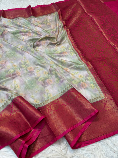 multicolour Dupion silk digital print Banarasi saree