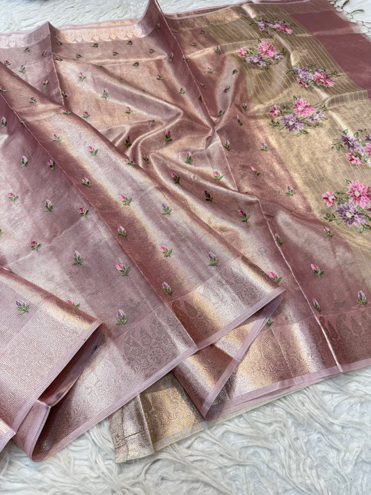 Peach shade tissue kota embroidery primum Banarasi saree