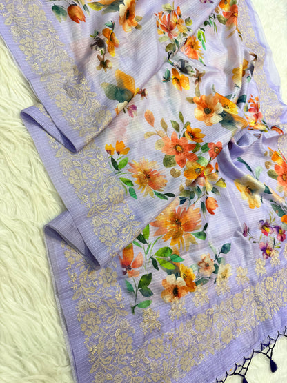 Lavender & multicolour kota digital print embroidery Banarasi saree