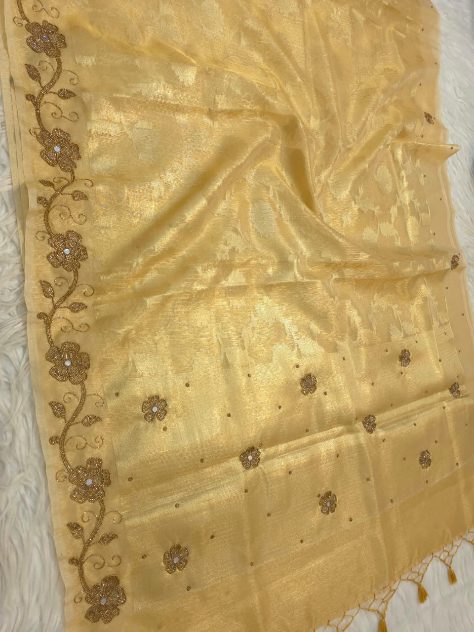 Gold shade tissue kota designer handwork premium Banarasi saree