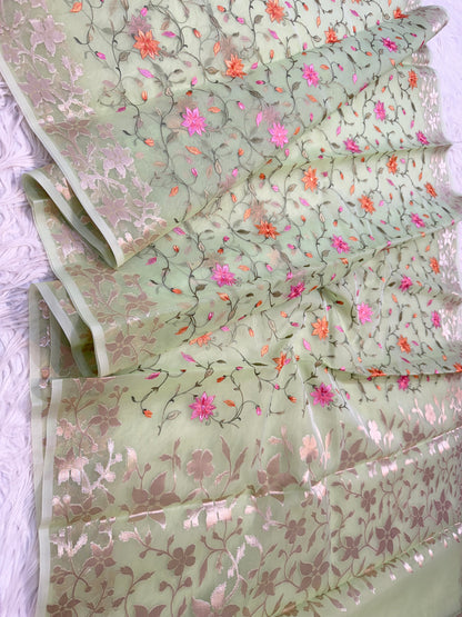 Pista green shade kora organza  embroidery Banarasi saree