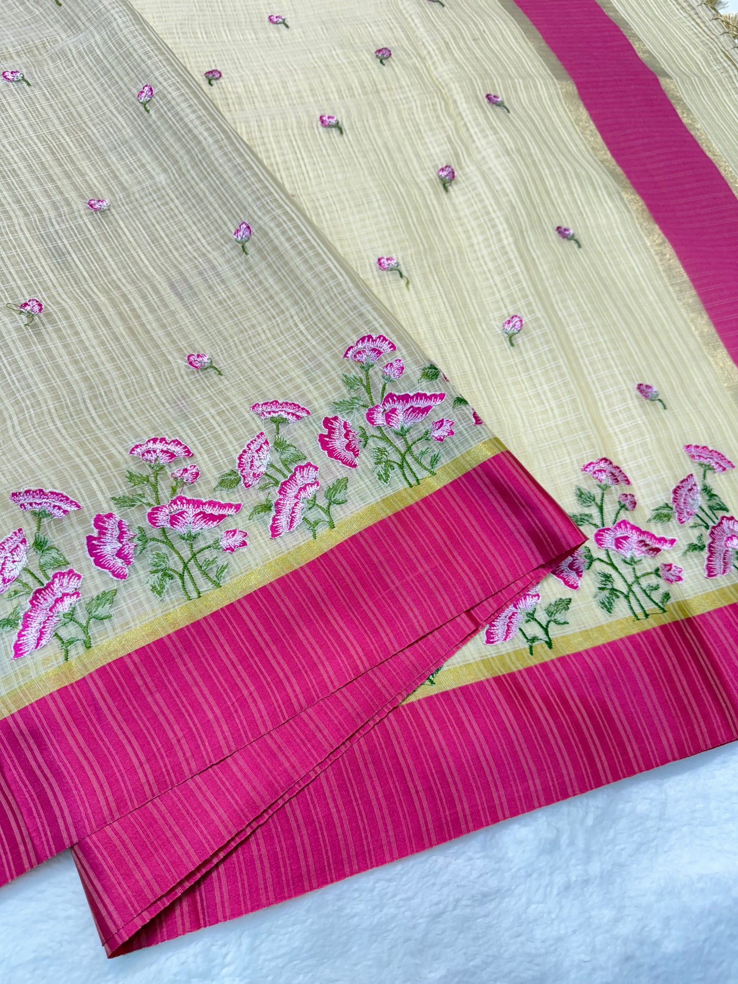 Beige royal pink shade kota embroidery Banarasi saree