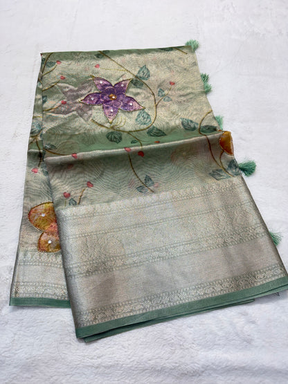 multicolour tissue silk digital print handwork premium Banarasi saree
