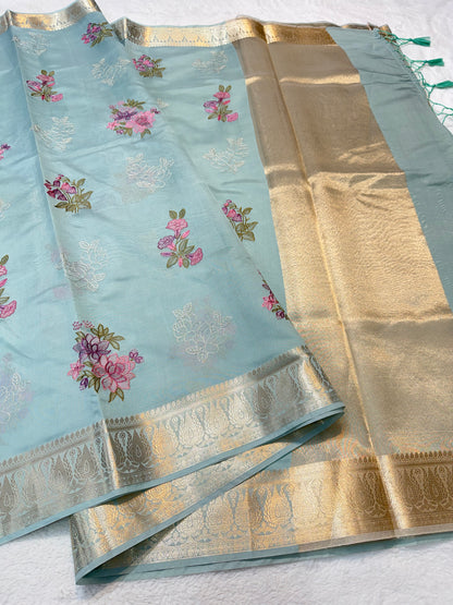 Firozi shade soft silk designer  premium embroidery Banarasi saree